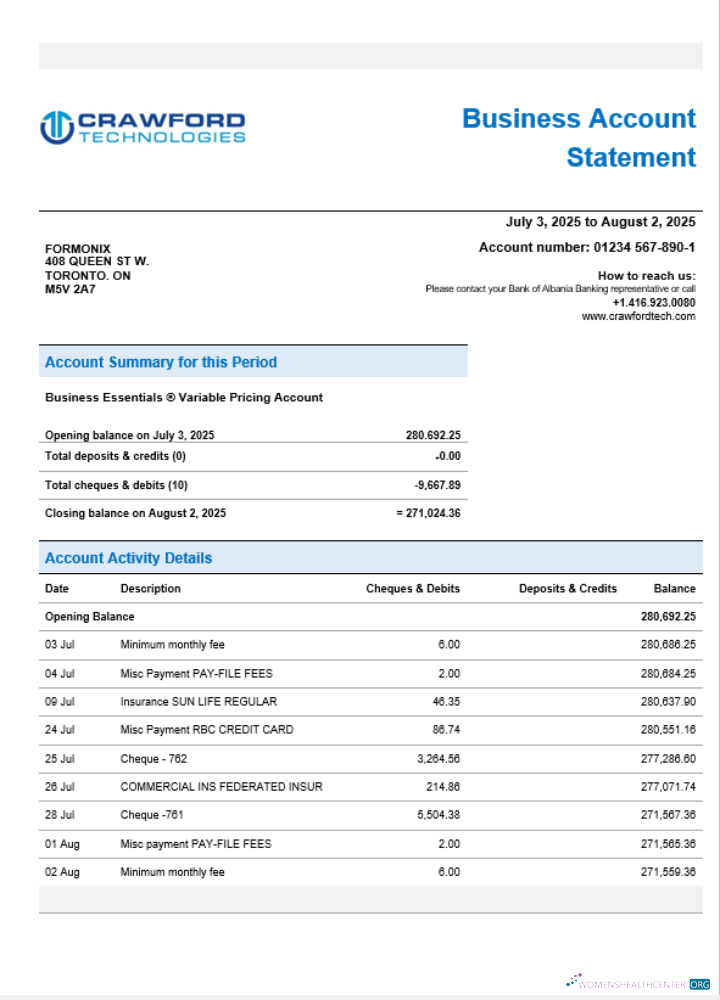 Download CrawfordTech business bank statement Word and PDF format Photoshop template